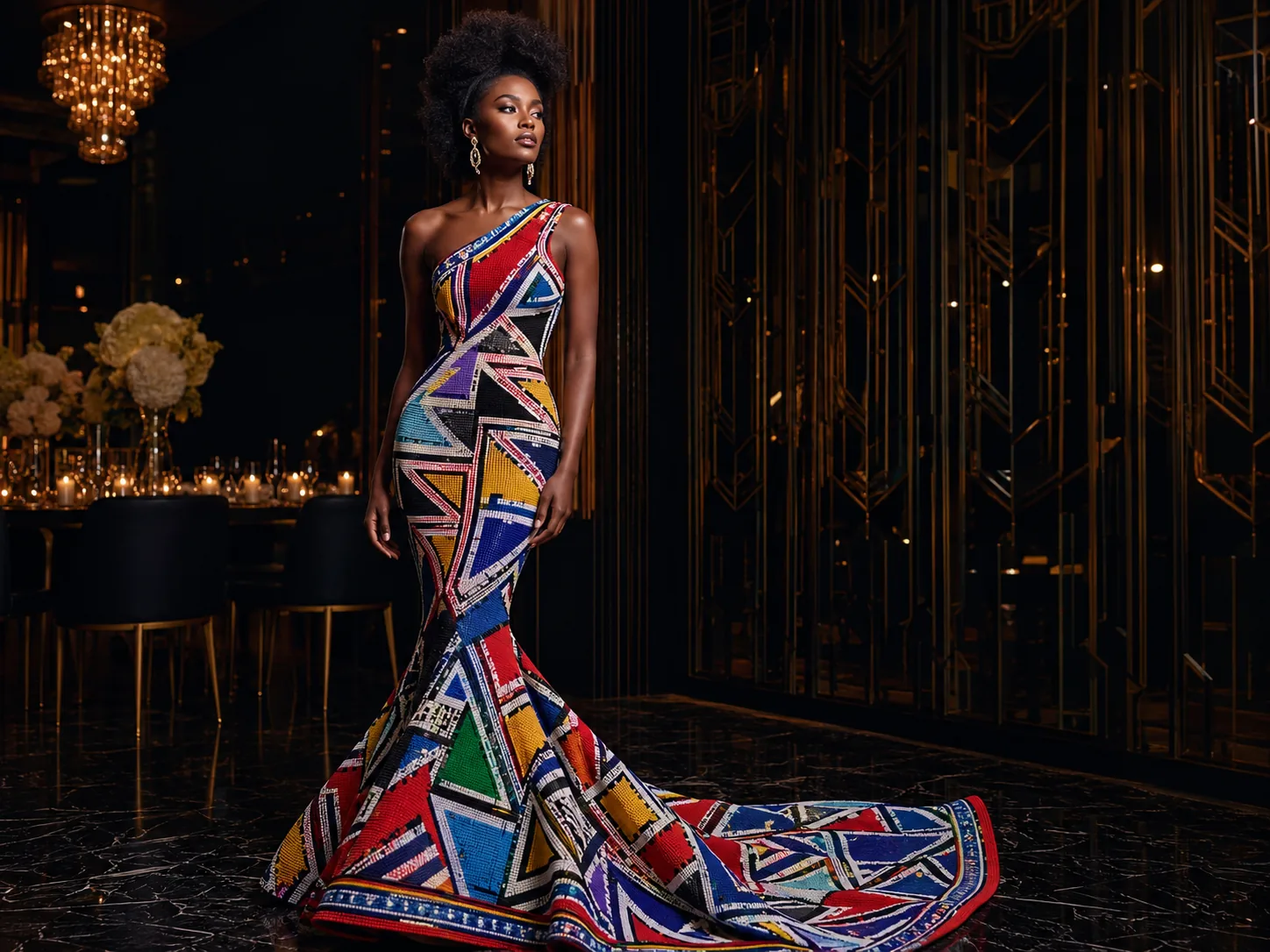 Colourful geometric mermaid gown in a modern ballroom