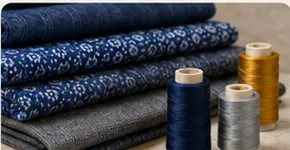 folded fabrics and thread spools
