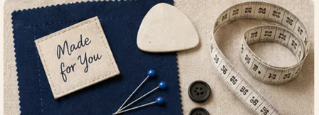 tailor tools, pins, chalk, buttons and measuring tape