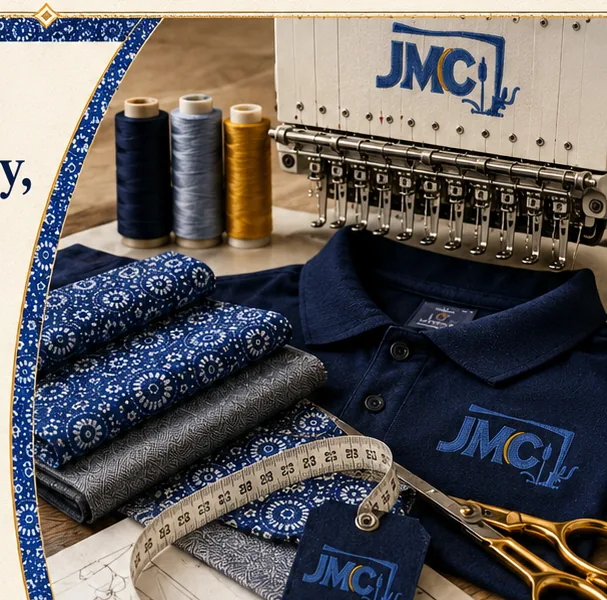 JMC embroidery machine, shweshwe fabric, thread, measuring tape and branded garment