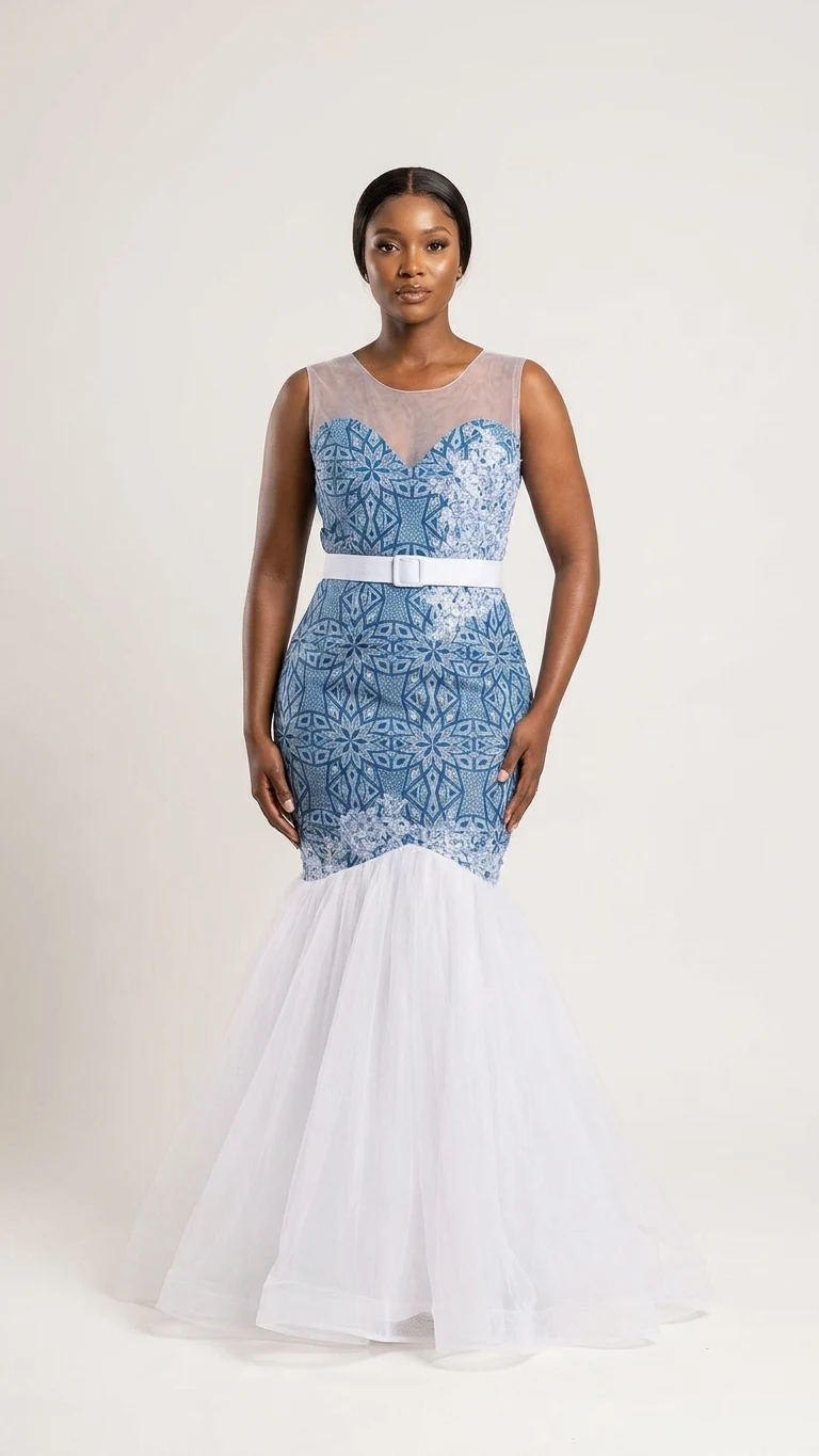 Blue shweshwe mermaid gown with white tulle studio