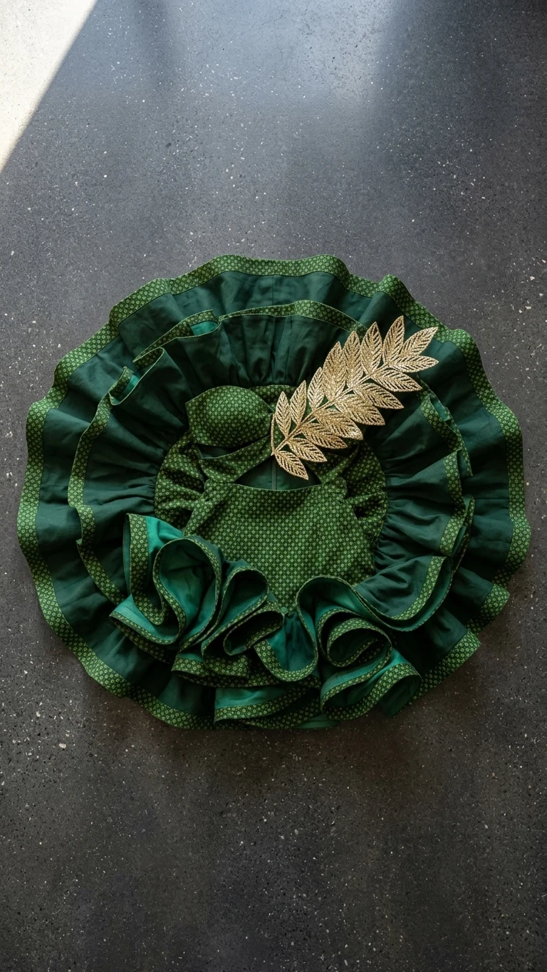 Green shweshwe ruffle skirt laid flat overhead