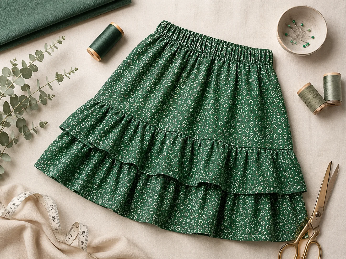 Green ruffle skirt sewing flatlay with tailoring tools
